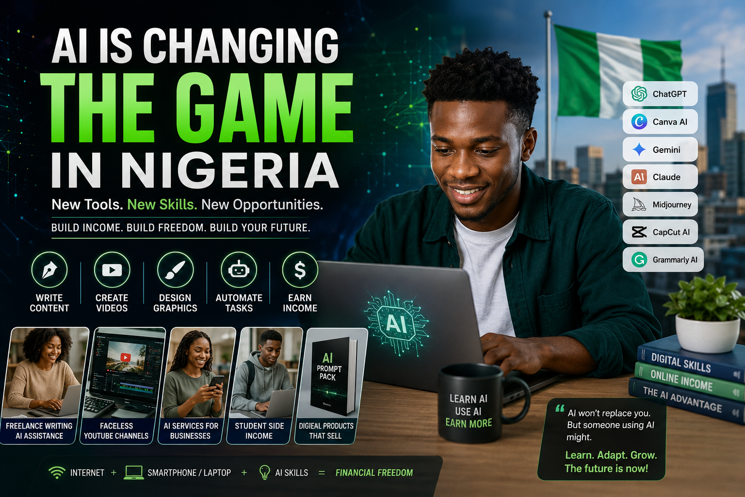 Young Nigerian entrepreneur using AI tools and a laptop to make money online in 2026 through freelancing, YouTube automation, and digital business opportunities.